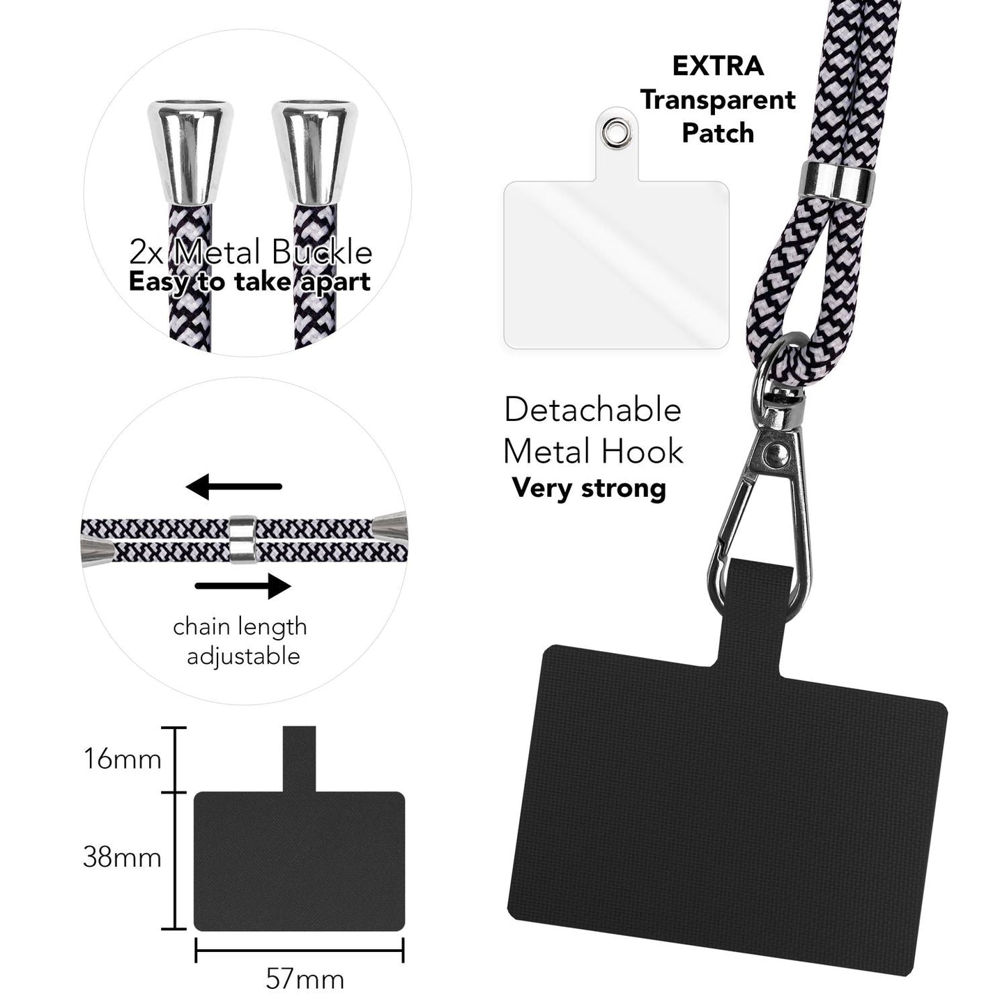 Alhliða símakeðja til að bera um hálsinn með púða og karabínukróki fyrir snjallsímahulstur