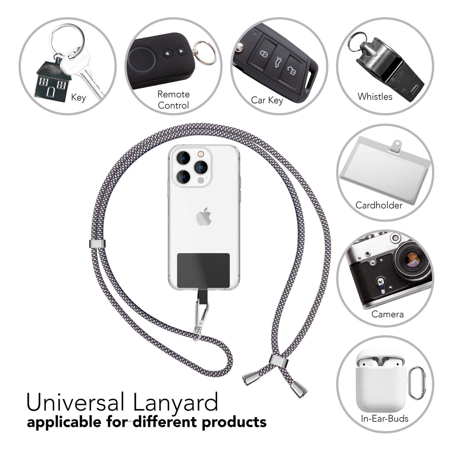 Alhliða símakeðja til að bera um hálsinn með púða og karabínukróki fyrir snjallsímahulstur