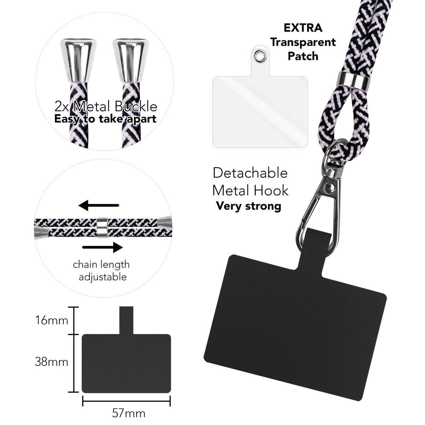 Alhliða símakeðja til að bera um hálsinn með púða og karabínukróki fyrir snjallsímahulstur