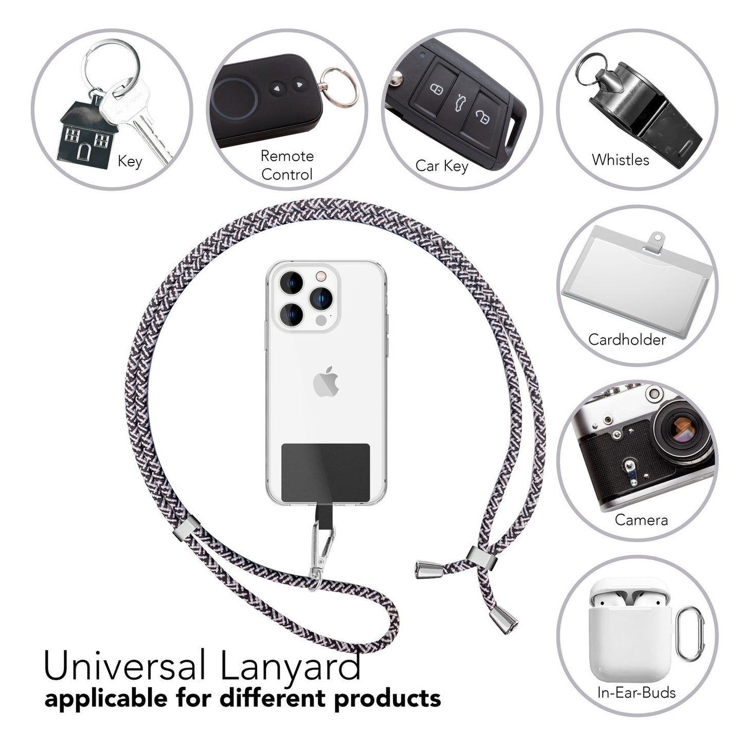 Alhliða símakeðja til að bera um hálsinn með púða og karabínukróki fyrir snjallsímahulstur