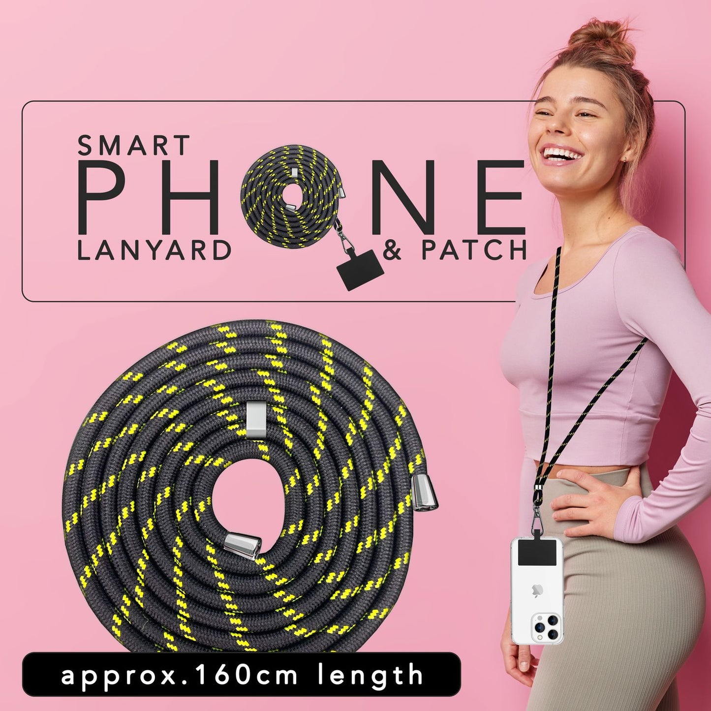 Alhliða símakeðja til að bera um hálsinn með púða og karabínukróki fyrir snjallsímahulstur