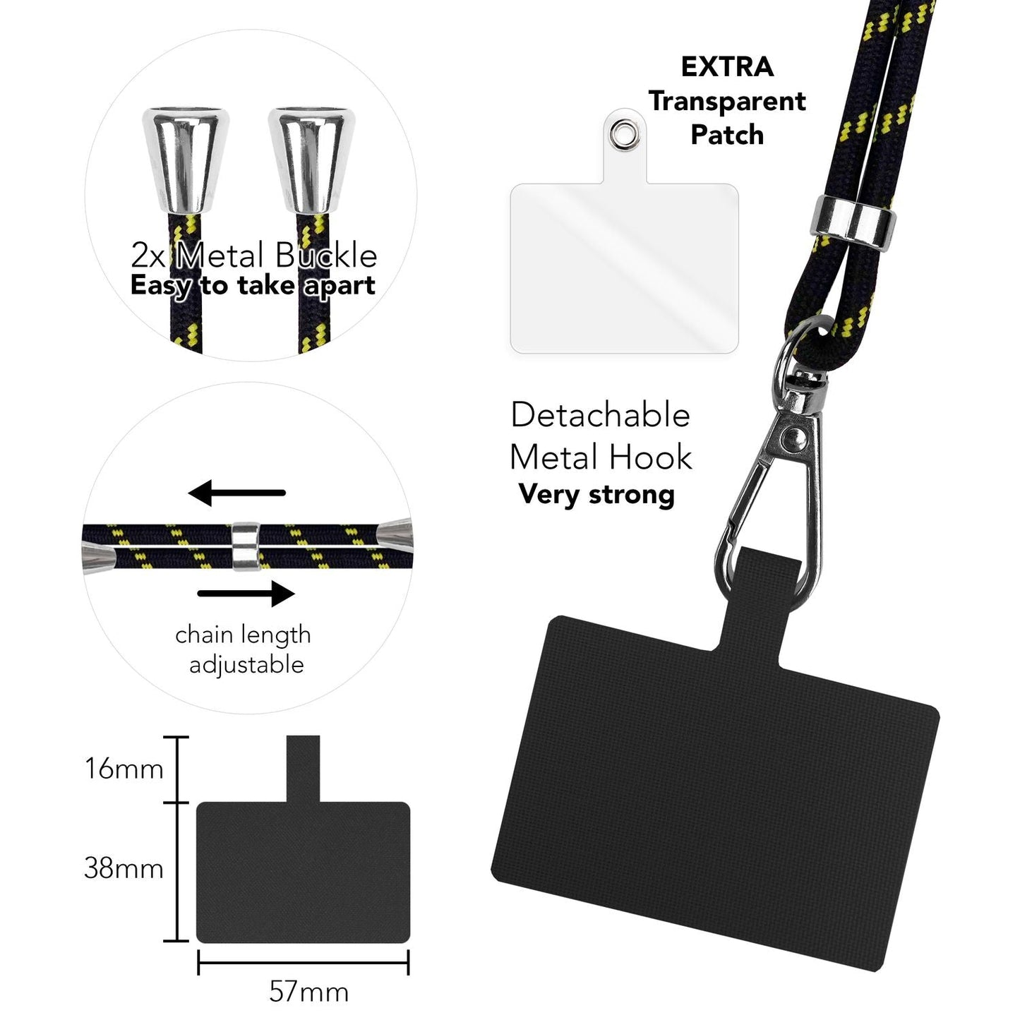 Alhliða símakeðja til að bera um hálsinn með púða og karabínukróki fyrir snjallsímahulstur