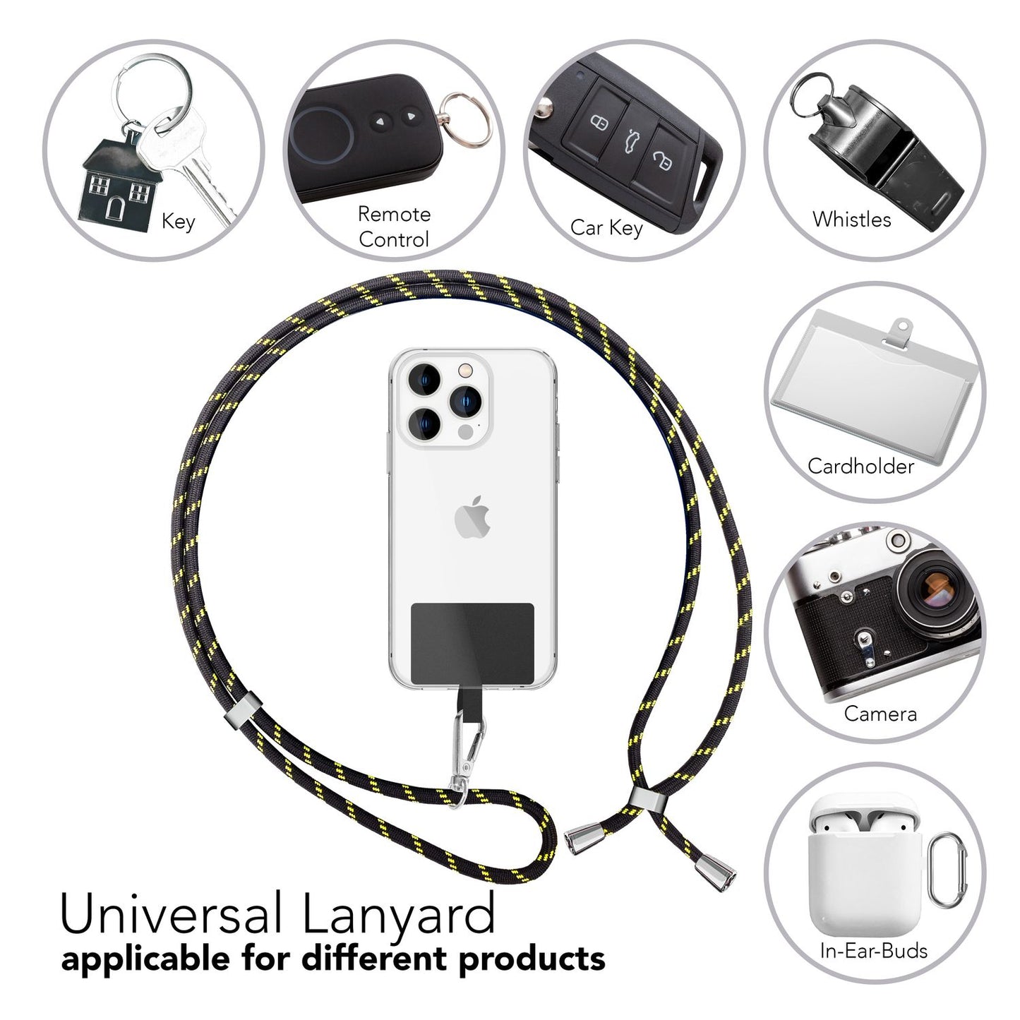 Alhliða símakeðja til að bera um hálsinn með púða og karabínukróki fyrir snjallsímahulstur