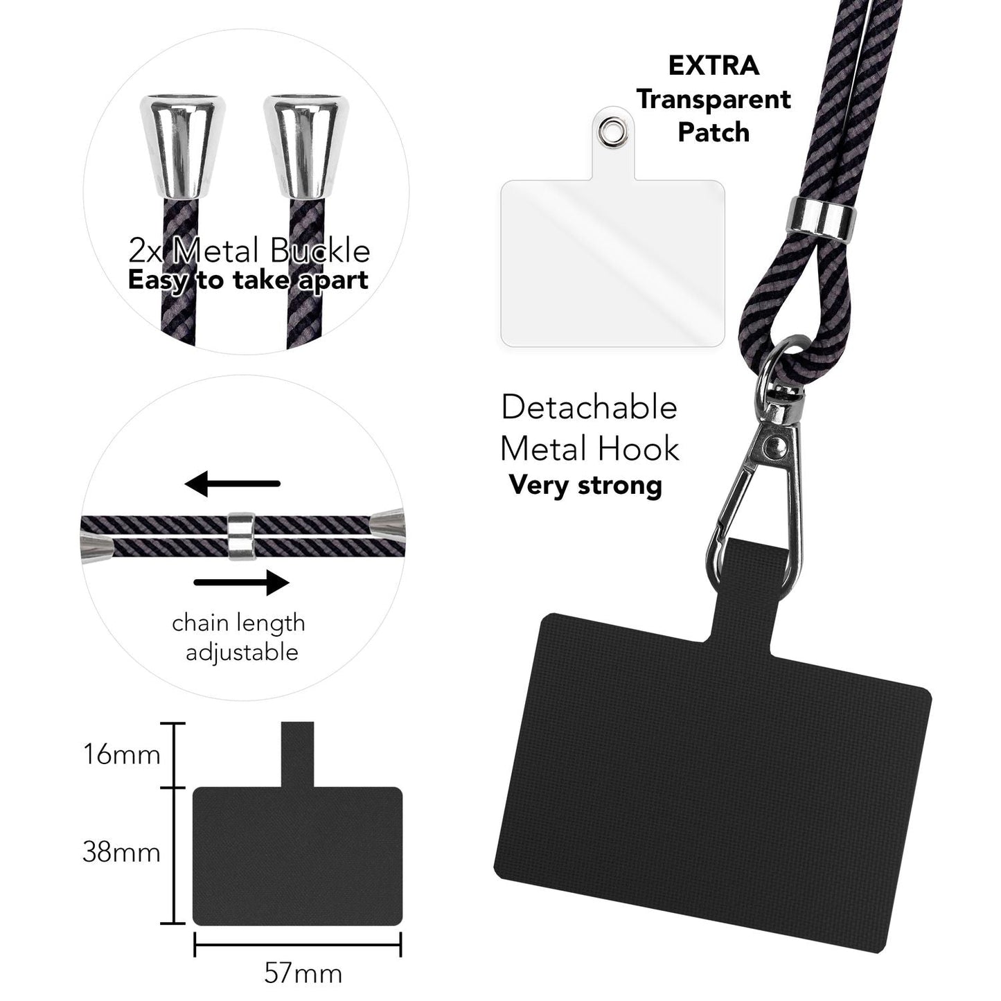 Alhliða símakeðja til að bera um hálsinn með púða og karabínukróki fyrir snjallsímahulstur
