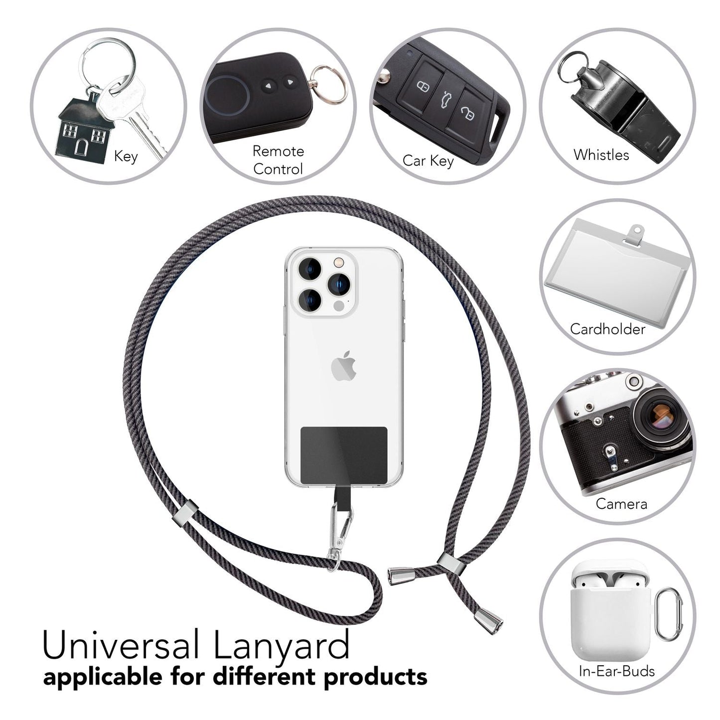 Alhliða símakeðja til að bera um hálsinn með púða og karabínukróki fyrir snjallsímahulstur