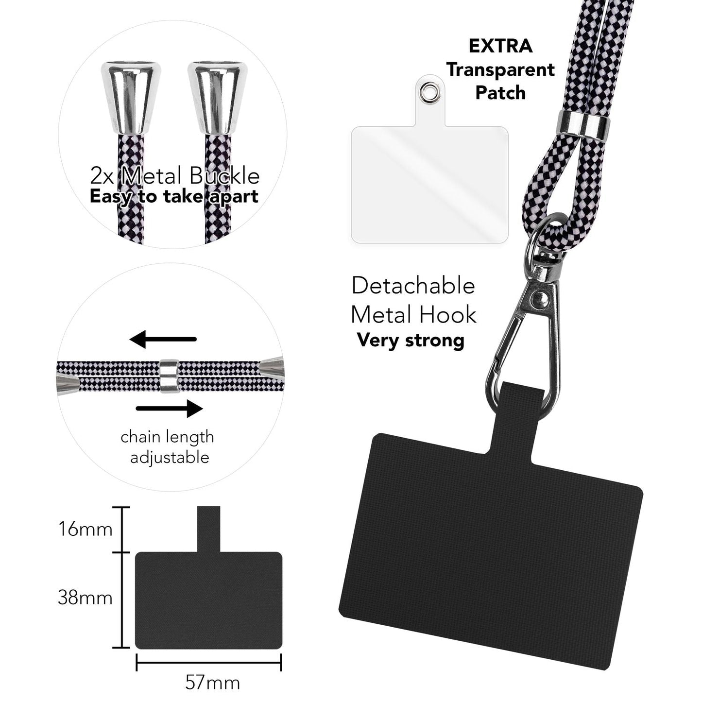 Alhliða símakeðja til að bera um hálsinn með púða og karabínukróki fyrir snjallsímahulstur