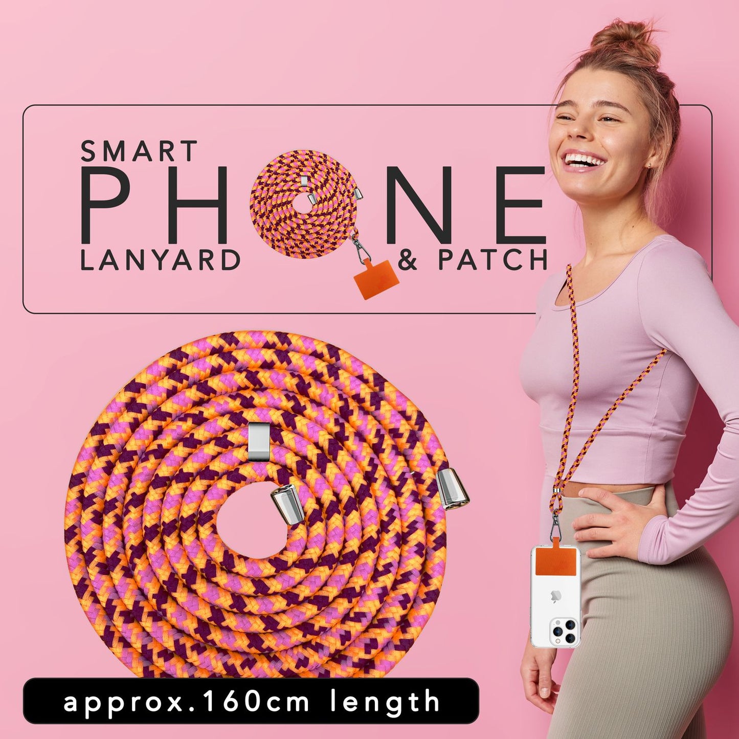 Alhliða símakeðja til að bera um hálsinn með púða og karabínukróki fyrir snjallsímahulstur