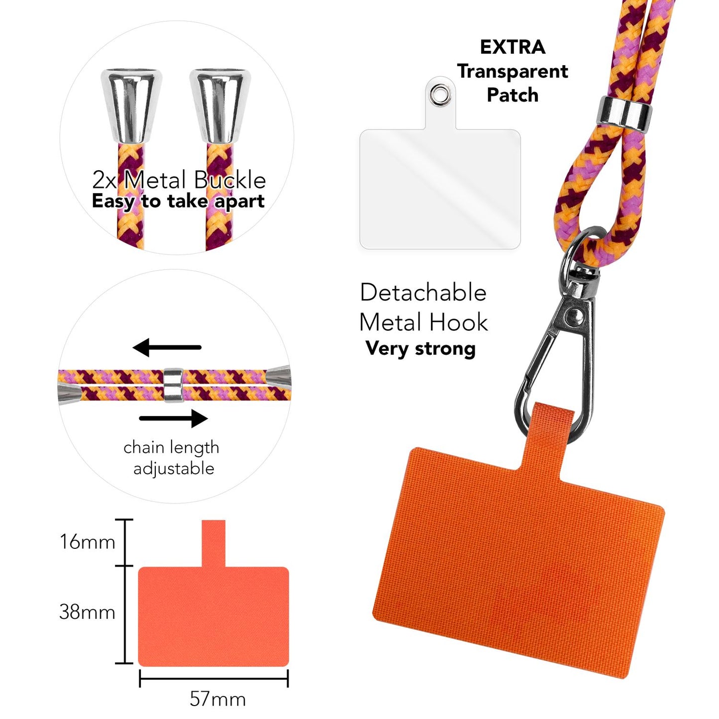 Alhliða símakeðja til að bera um hálsinn með púða og karabínukróki fyrir snjallsímahulstur