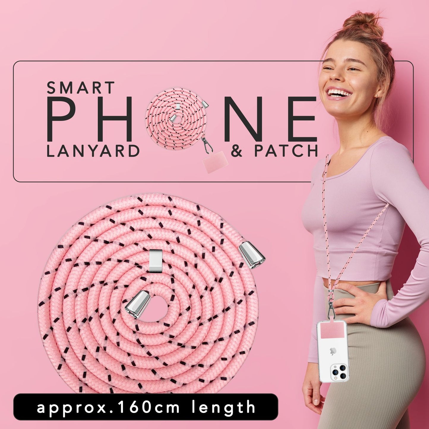 Alhliða símakeðja til að bera um hálsinn með púða og karabínukróki fyrir snjallsímahulstur