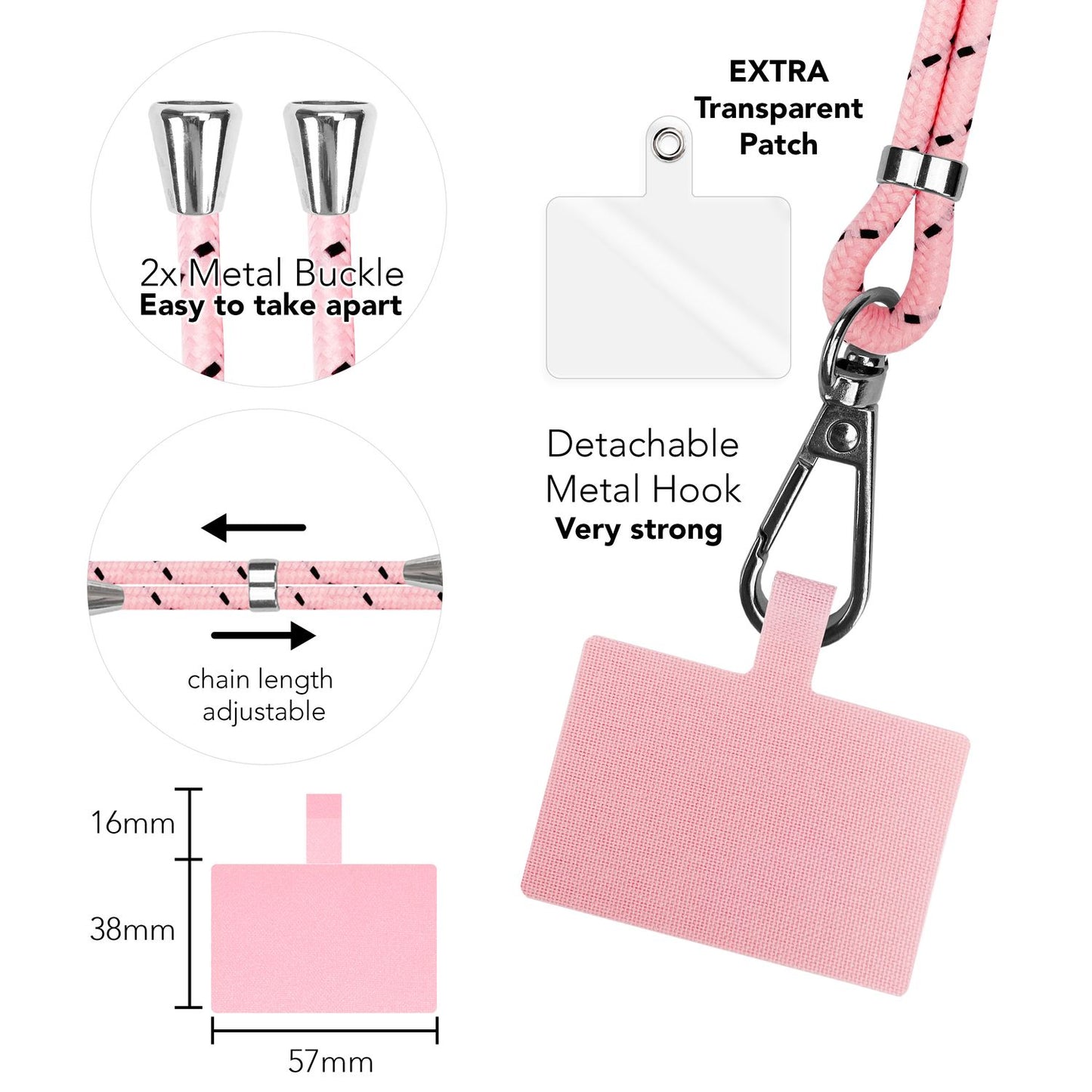 Alhliða símakeðja til að bera um hálsinn með púða og karabínukróki fyrir snjallsímahulstur