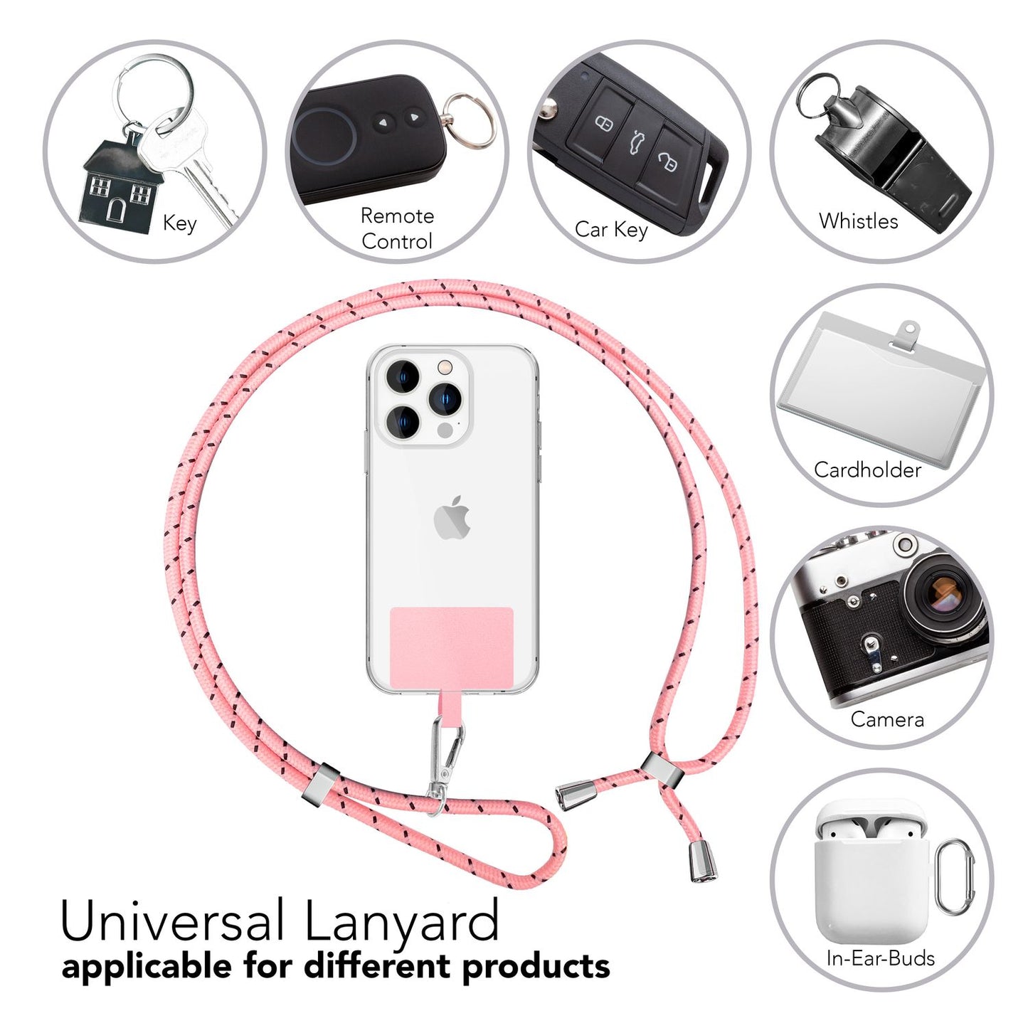 Alhliða símakeðja til að bera um hálsinn með púða og karabínukróki fyrir snjallsímahulstur