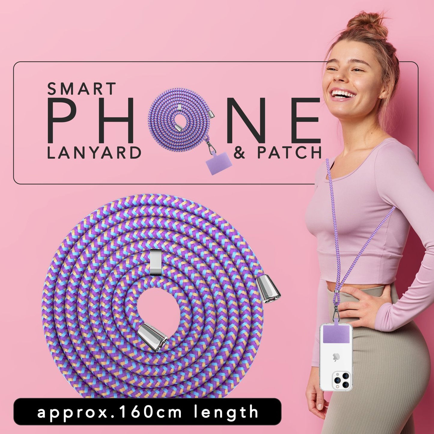 Alhliða símakeðja til að bera um hálsinn með púða og karabínukróki fyrir snjallsímahulstur