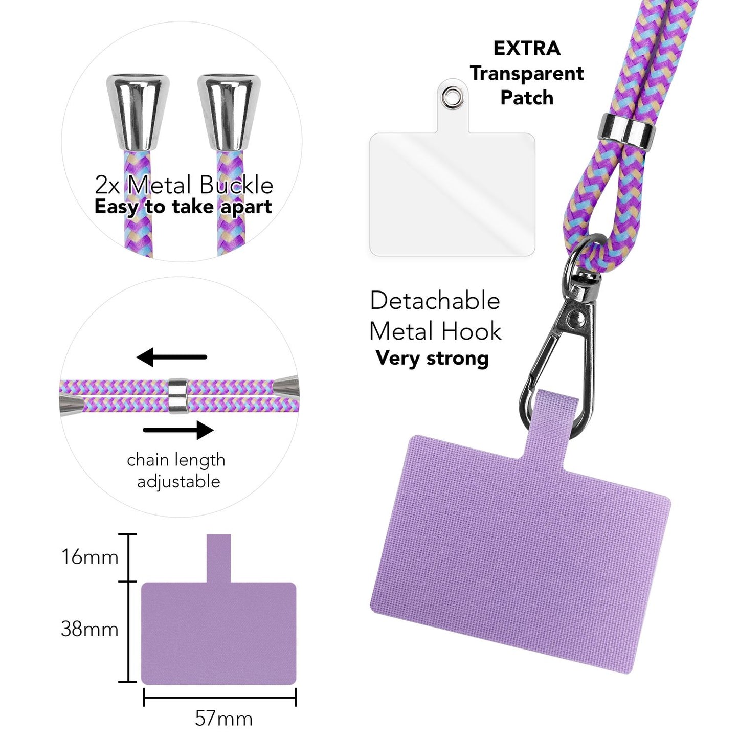 Alhliða símakeðja til að bera um hálsinn með púða og karabínukróki fyrir snjallsímahulstur