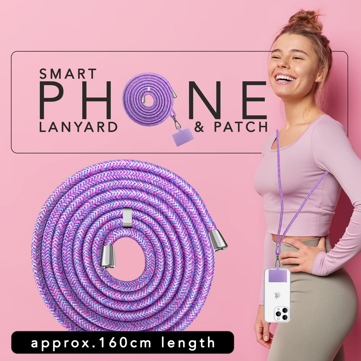 Alhliða símakeðja til að bera um hálsinn með púða og karabínukróki fyrir snjallsímahulstur