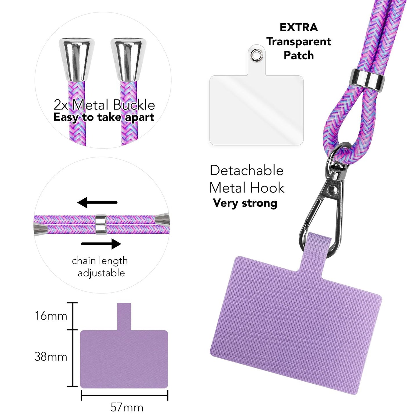Alhliða símakeðja til að bera um hálsinn með púða og karabínukróki fyrir snjallsímahulstur