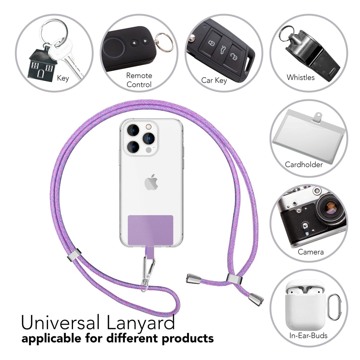 Alhliða símakeðja til að bera um hálsinn með púða og karabínukróki fyrir snjallsímahulstur