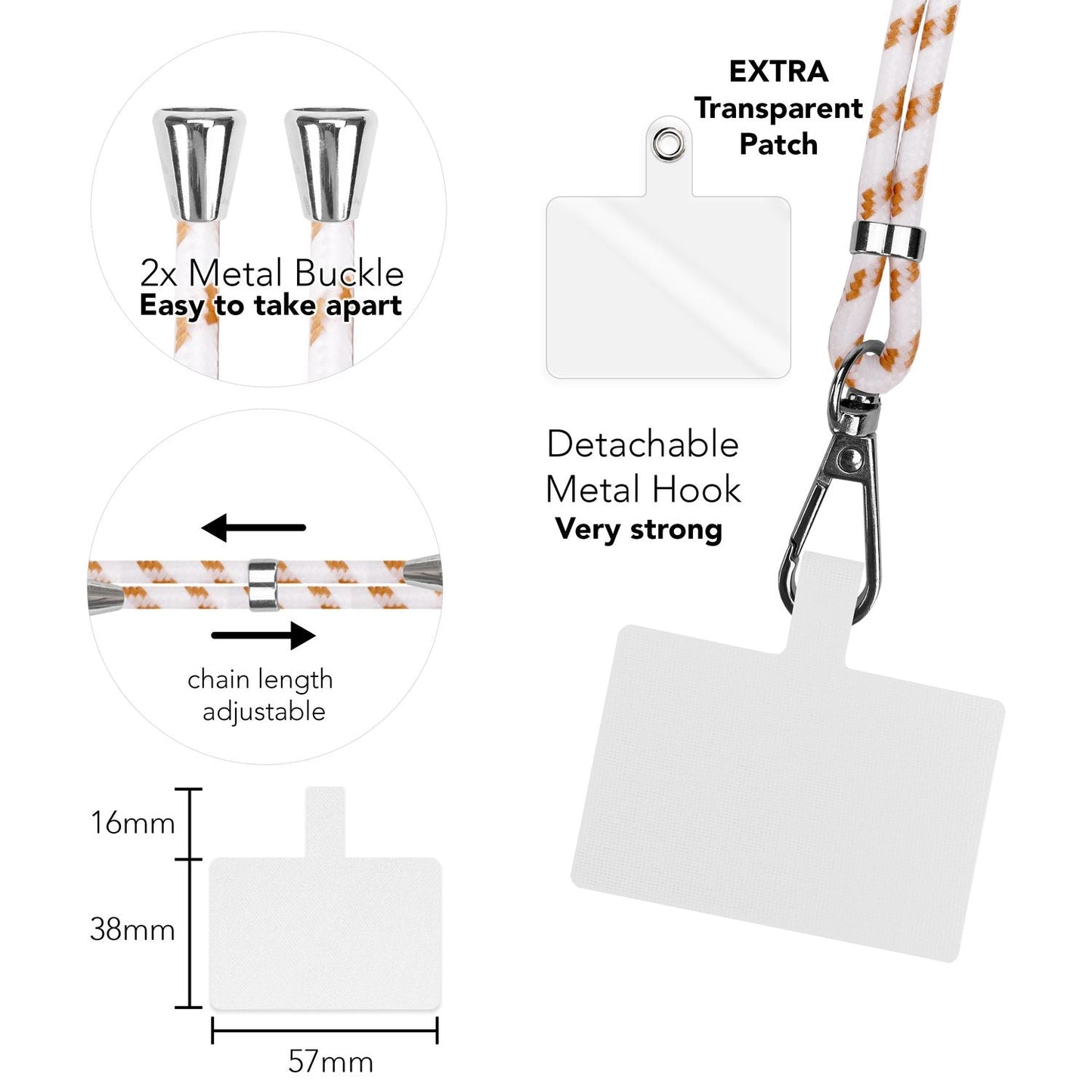 Alhliða símakeðja til að bera um hálsinn með púða og karabínukróki fyrir snjallsímahulstur