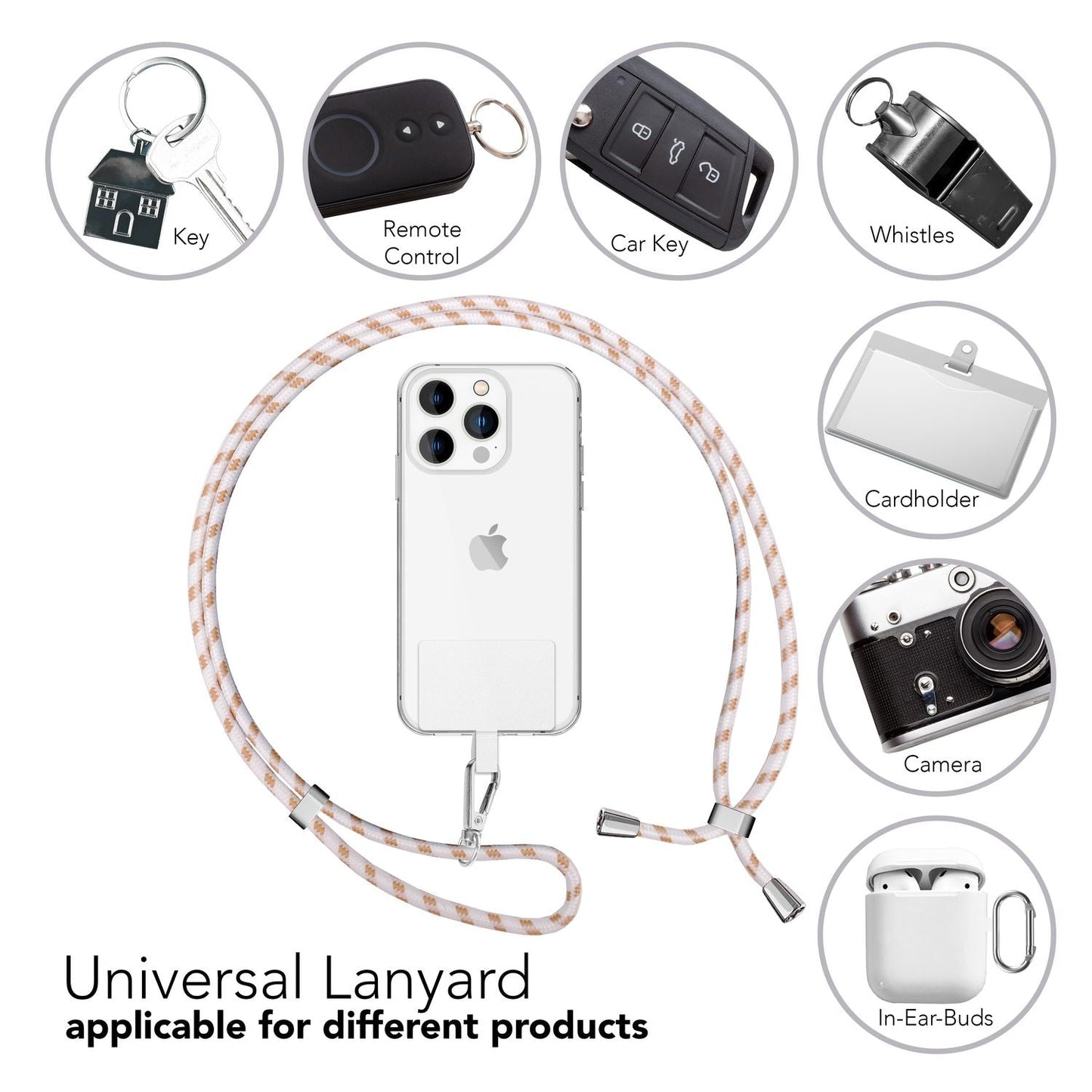 Alhliða símakeðja til að bera um hálsinn með púða og karabínukróki fyrir snjallsímahulstur