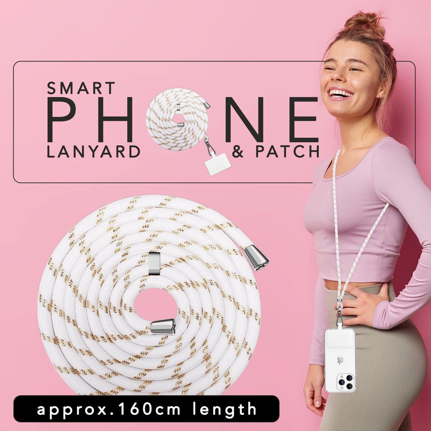 Alhliða símakeðja til að bera um hálsinn með púða og karabínukróki fyrir snjallsímahulstur