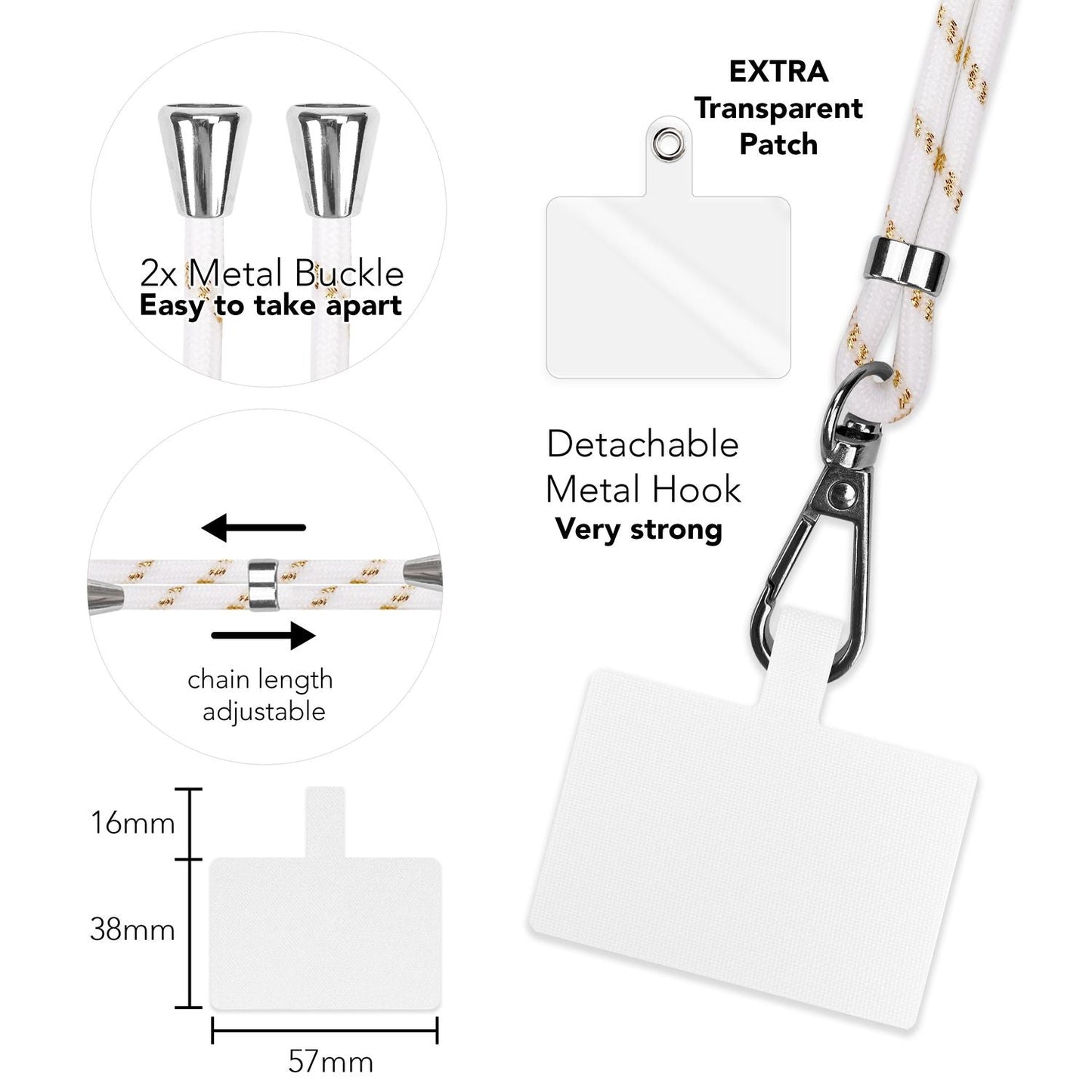 Alhliða símakeðja til að bera um hálsinn með púða og karabínukróki fyrir snjallsímahulstur