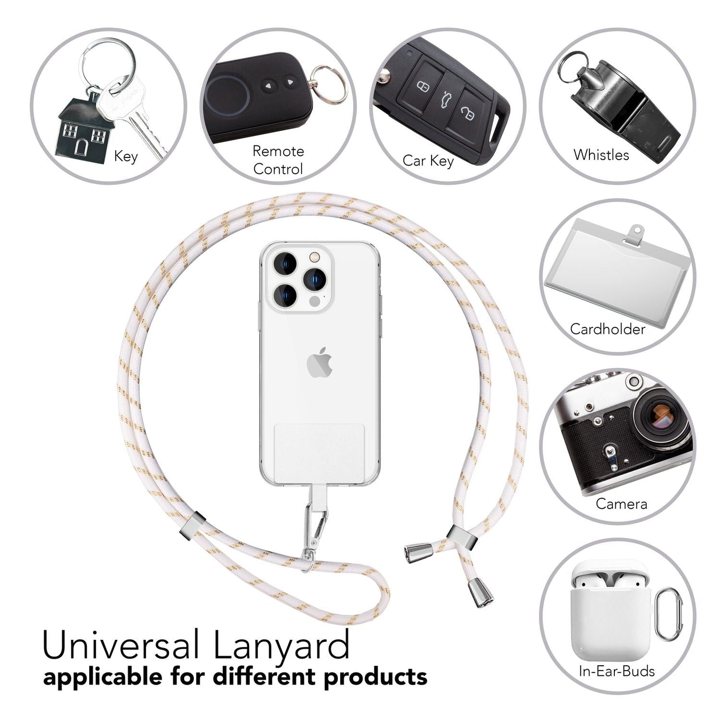 Alhliða símakeðja til að bera um hálsinn með púða og karabínukróki fyrir snjallsímahulstur