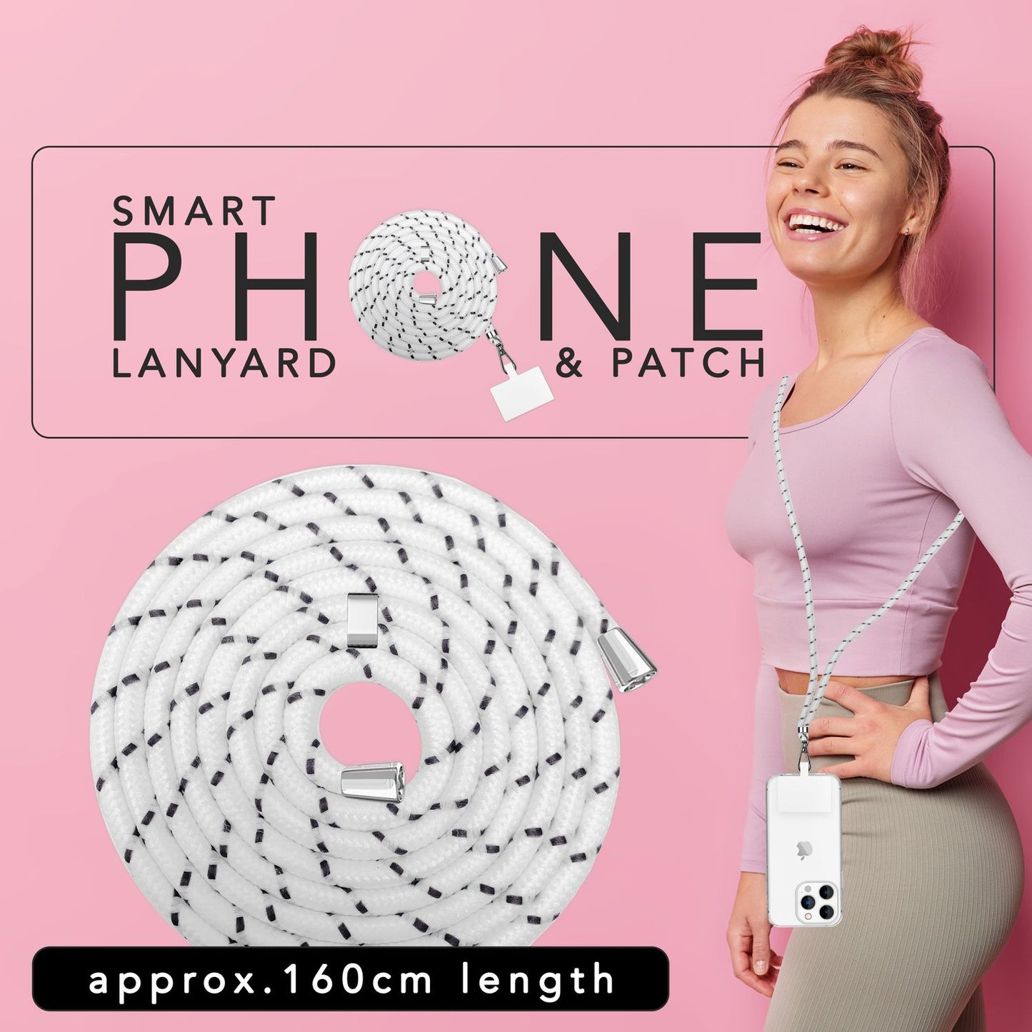 Alhliða símakeðja til að bera um hálsinn með púða og karabínukróki fyrir snjallsímahulstur