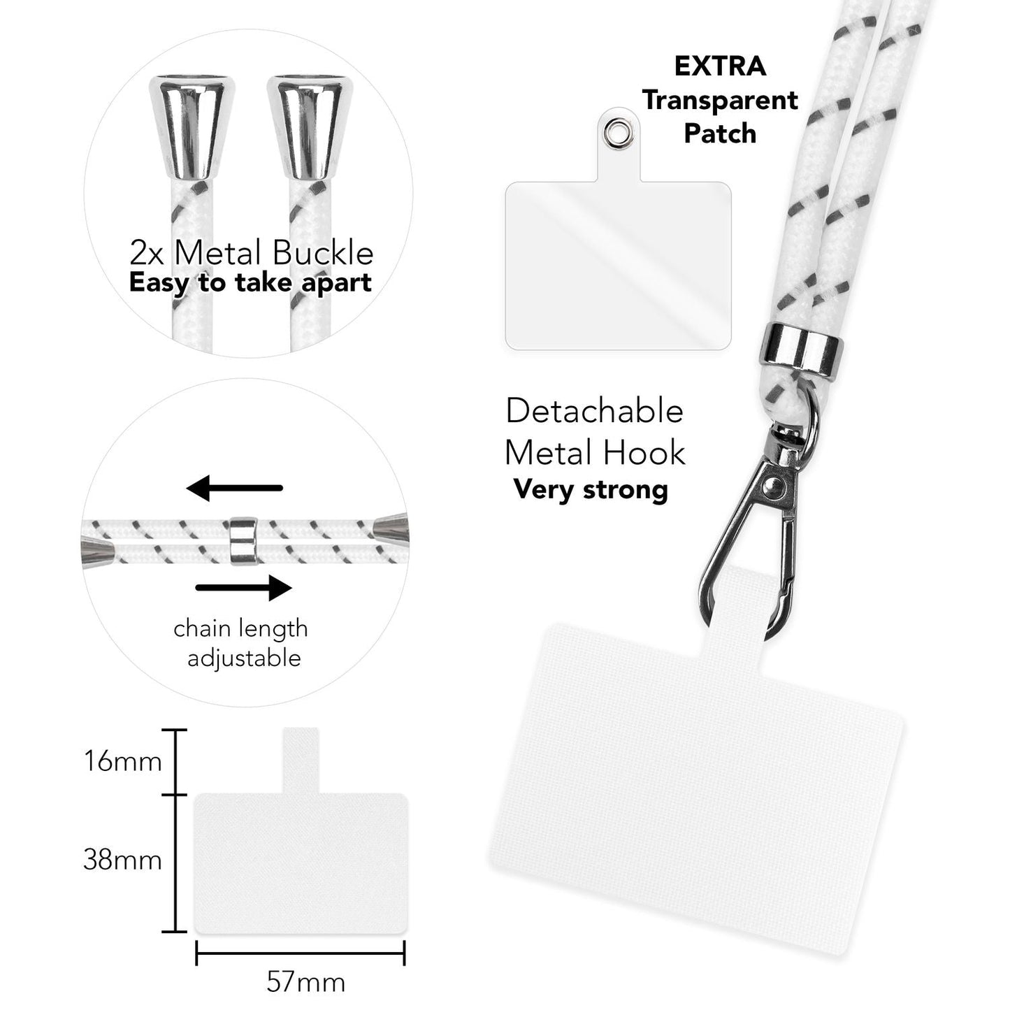 Alhliða símakeðja til að bera um hálsinn með púða og karabínukróki fyrir snjallsímahulstur