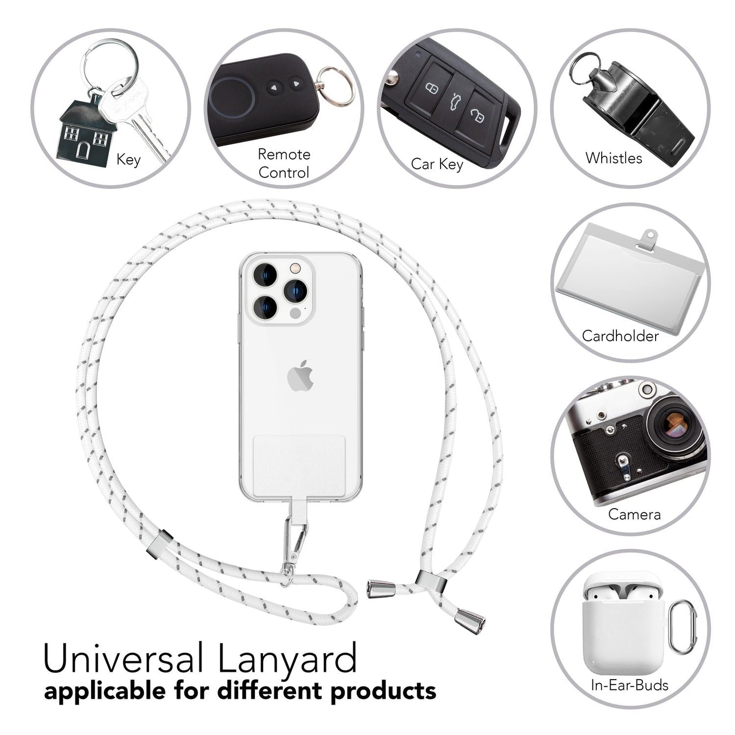 Alhliða símakeðja til að bera um hálsinn með púða og karabínukróki fyrir snjallsímahulstur