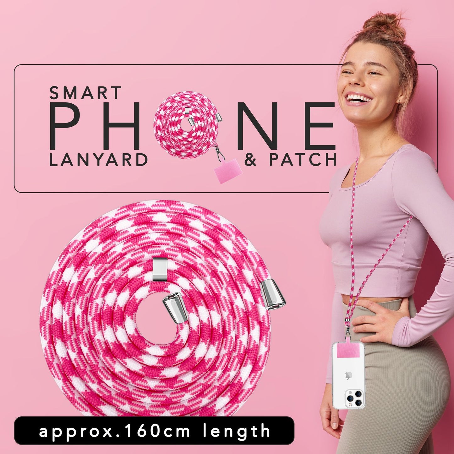 Alhliða símakeðja til að bera um hálsinn með púða og karabínukróki fyrir snjallsímahulstur