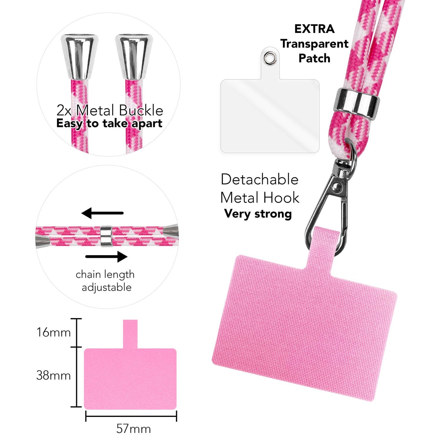 Alhliða símakeðja til að bera um hálsinn með púða og karabínukróki fyrir snjallsímahulstur