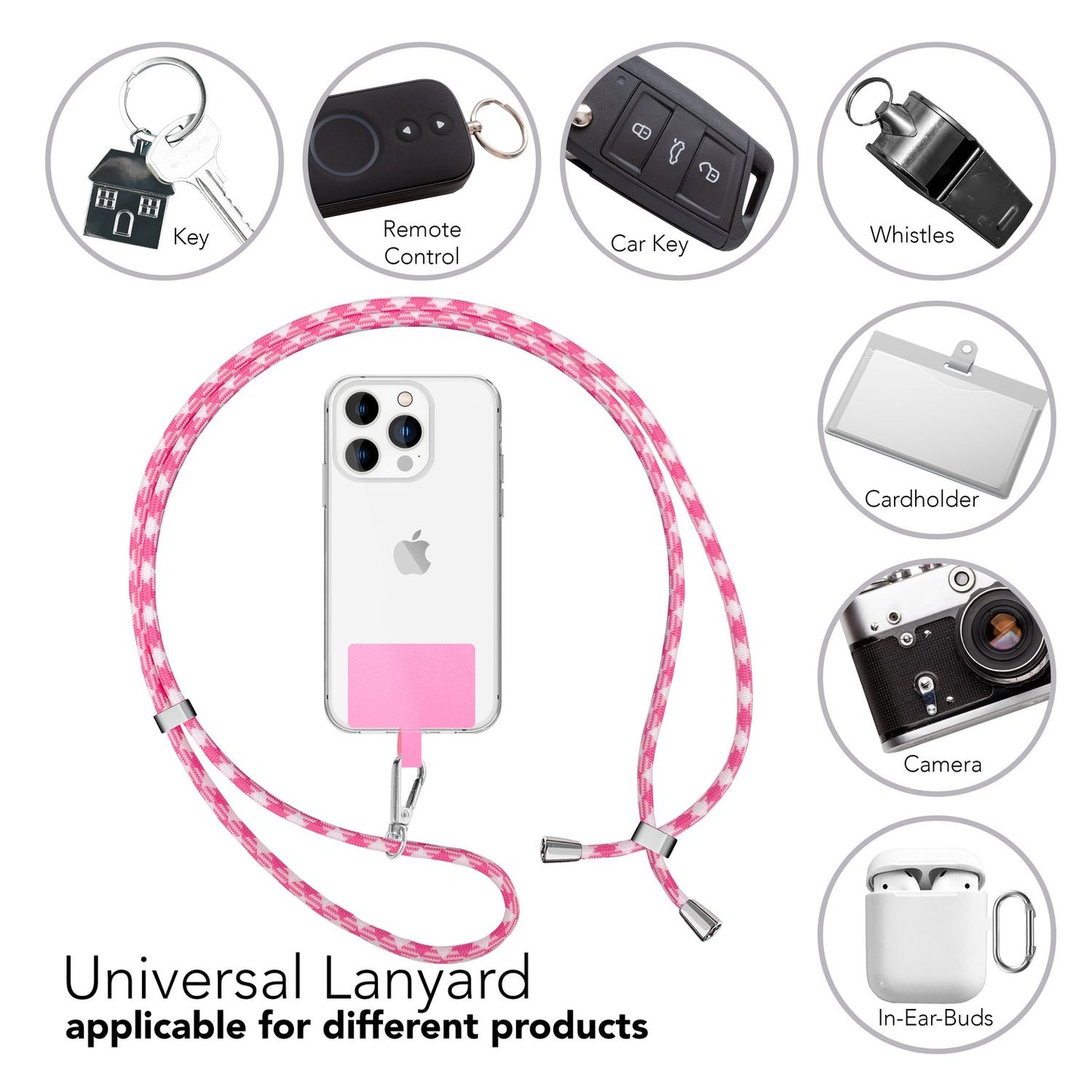 Alhliða símakeðja til að bera um hálsinn með púða og karabínukróki fyrir snjallsímahulstur