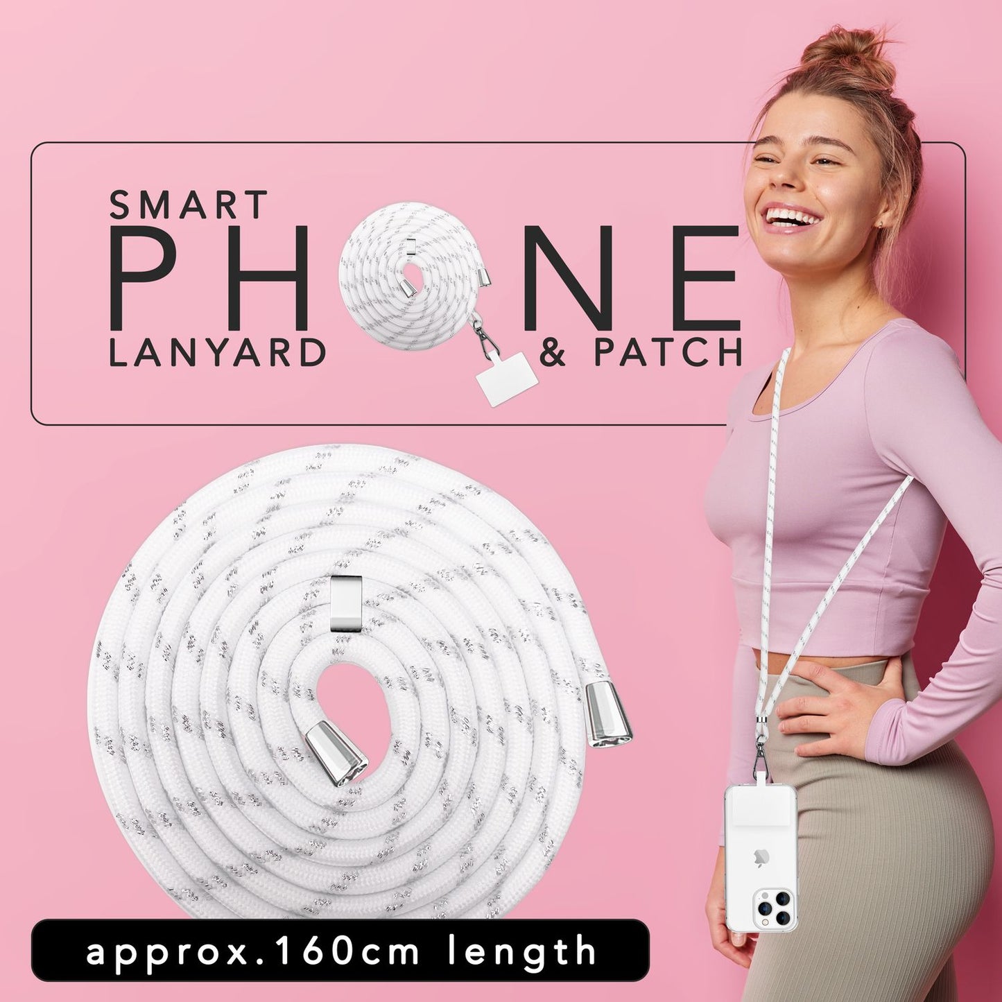 Alhliða símakeðja til að bera um hálsinn með púða og karabínukróki fyrir snjallsímahulstur