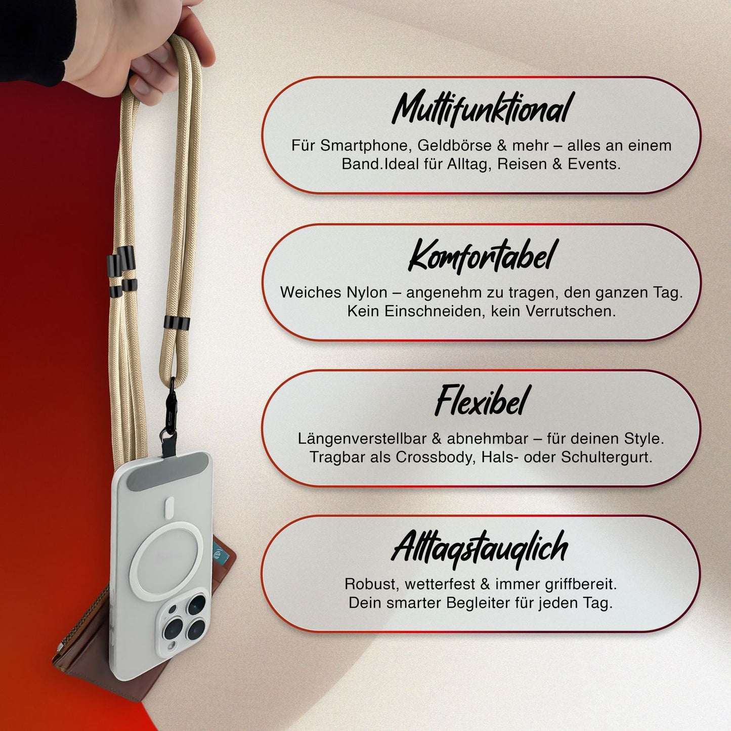 NALIA HoldMe alhliða símahálsmen fyrir snjallsíma og símahulstur, stillanleg og aftakanleg nylonreipi, axlaról, símaól, snúra með karabínuknúru og 2 merkimiðar