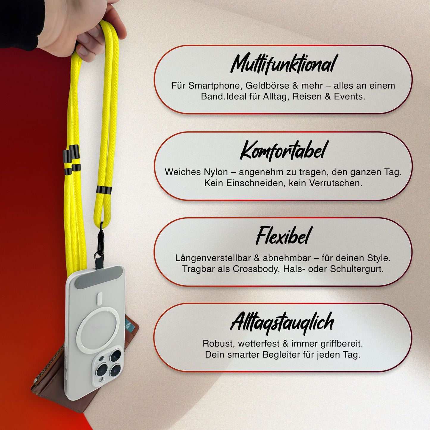 NALIA HoldMe alhliða símahálsmen fyrir snjallsíma og símahulstur, stillanleg og aftakanleg nylonreipi, axlaról, símaól, snúra með karabínuknúru og 2 merkimiðar