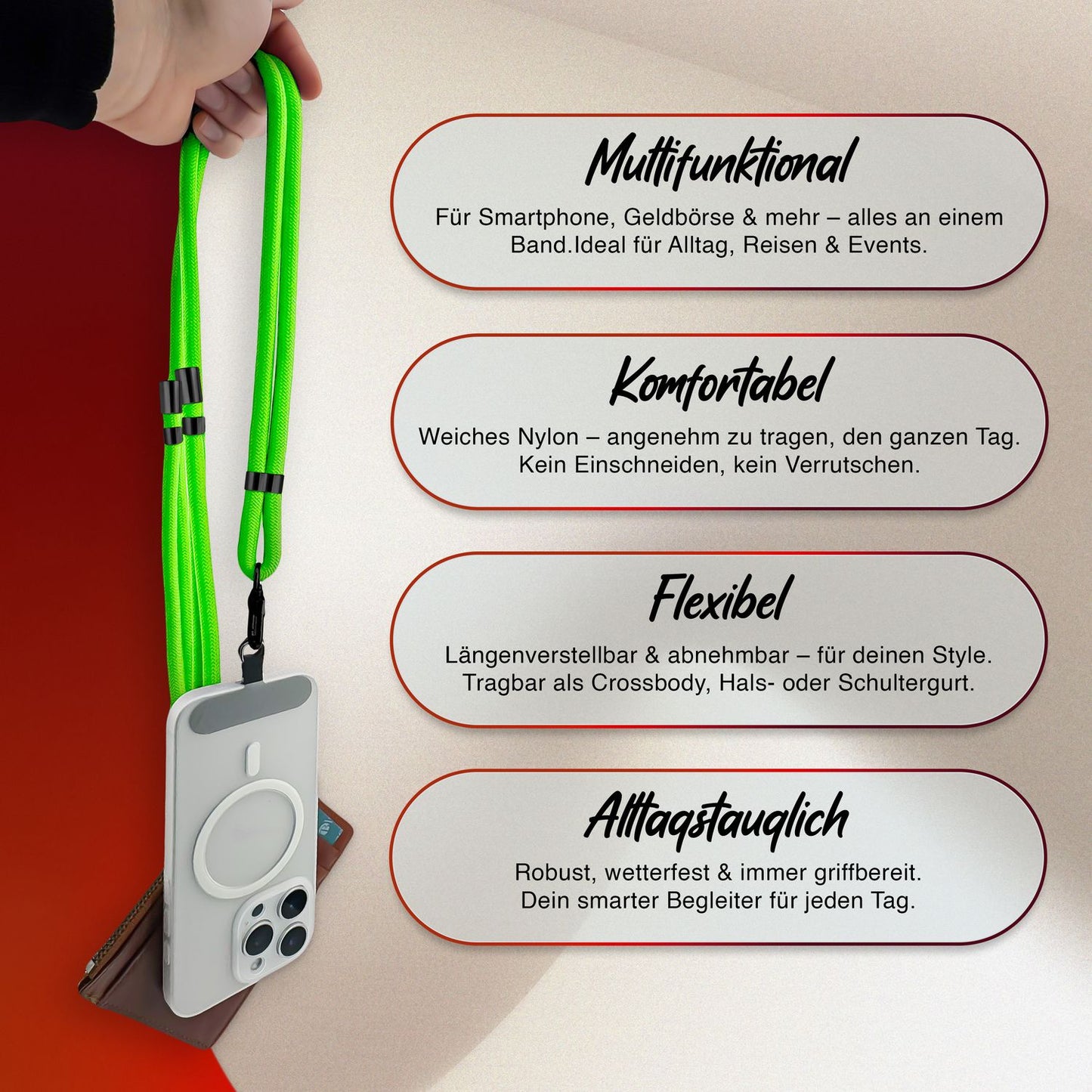 NALIA HoldMe alhliða símahálsmen fyrir snjallsíma og símahulstur, stillanleg og aftakanleg nylonreipi, axlaról, símaól, snúra með karabínuknúru og 2 merkimiðar