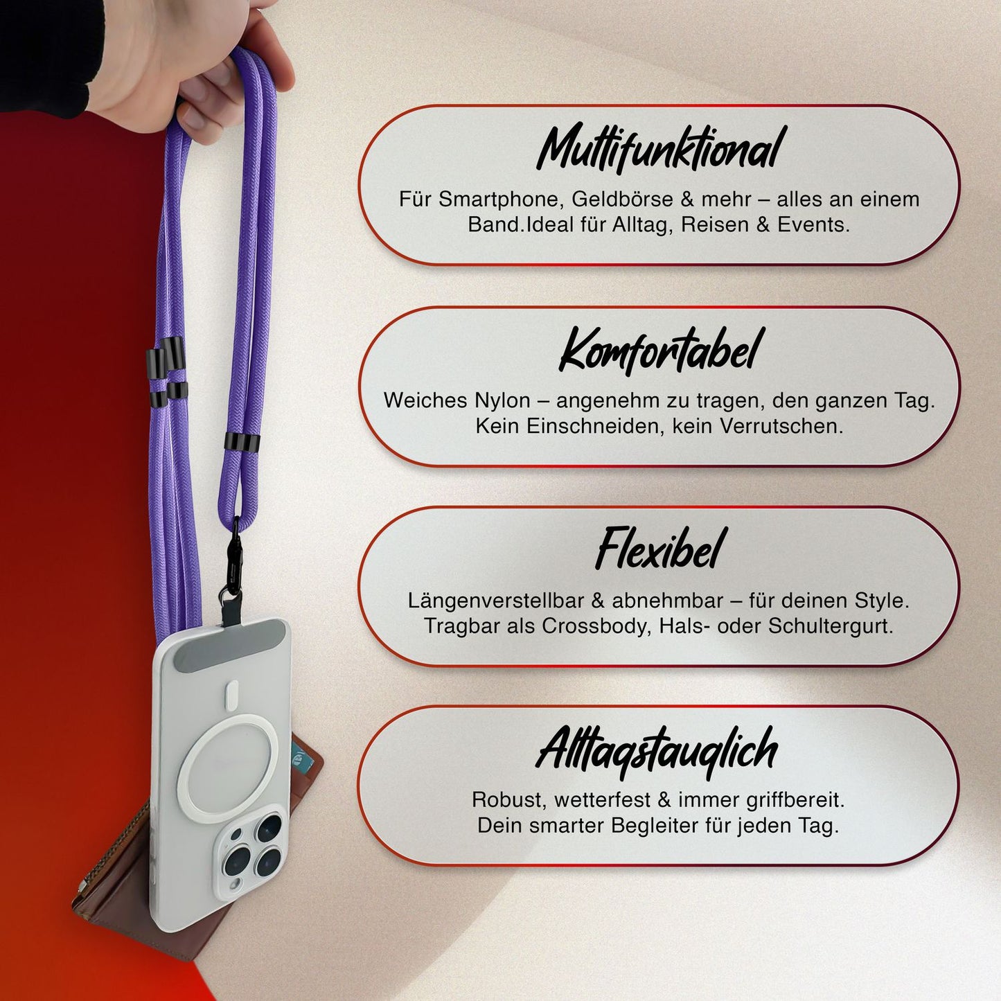 NALIA HoldMe alhliða símahálsmen fyrir snjallsíma og símahulstur, stillanleg og aftakanleg nylonreipi, axlaról, símaól, snúra með karabínuknúru og 2 merkimiðar