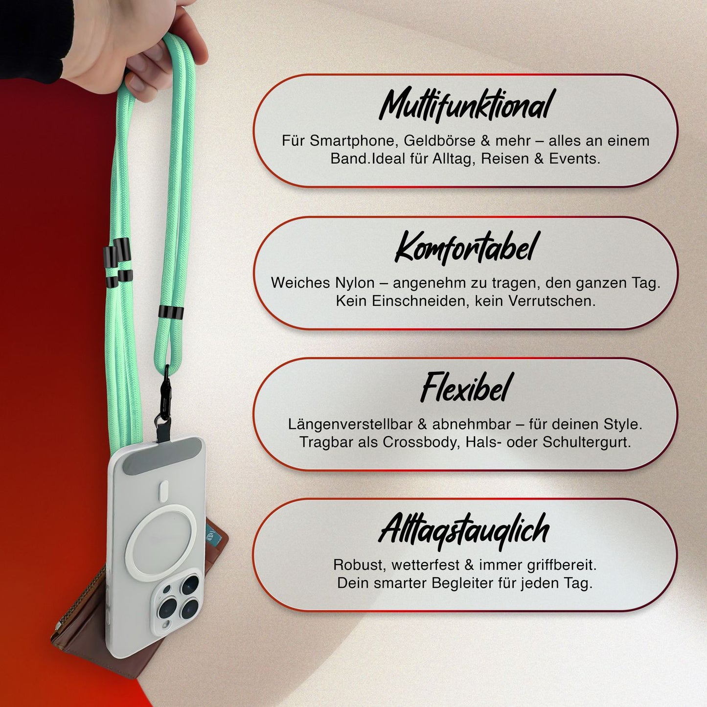 NALIA HoldMe alhliða símahálsmen fyrir snjallsíma og símahulstur, stillanleg og aftakanleg nylonreipi, axlaról, símaól, snúra með karabínuknúru og 2 merkimiðar