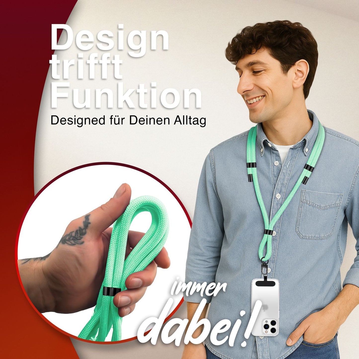 NALIA HoldMe alhliða símahálsmen fyrir snjallsíma og símahulstur, stillanleg og aftakanleg nylonreipi, axlaról, símaól, snúra með karabínuknúru og 2 merkimiðar