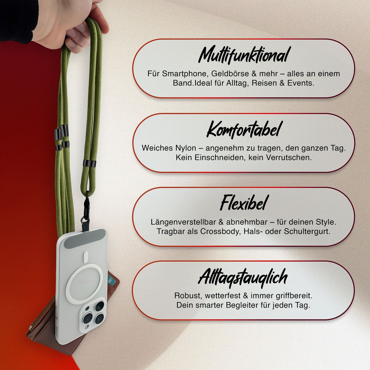 NALIA HoldMe alhliða símahálsmen fyrir snjallsíma og símahulstur, stillanleg og aftakanleg nylonreipi, axlaról, símaól, snúra með karabínuknúru og 2 merkimiðar