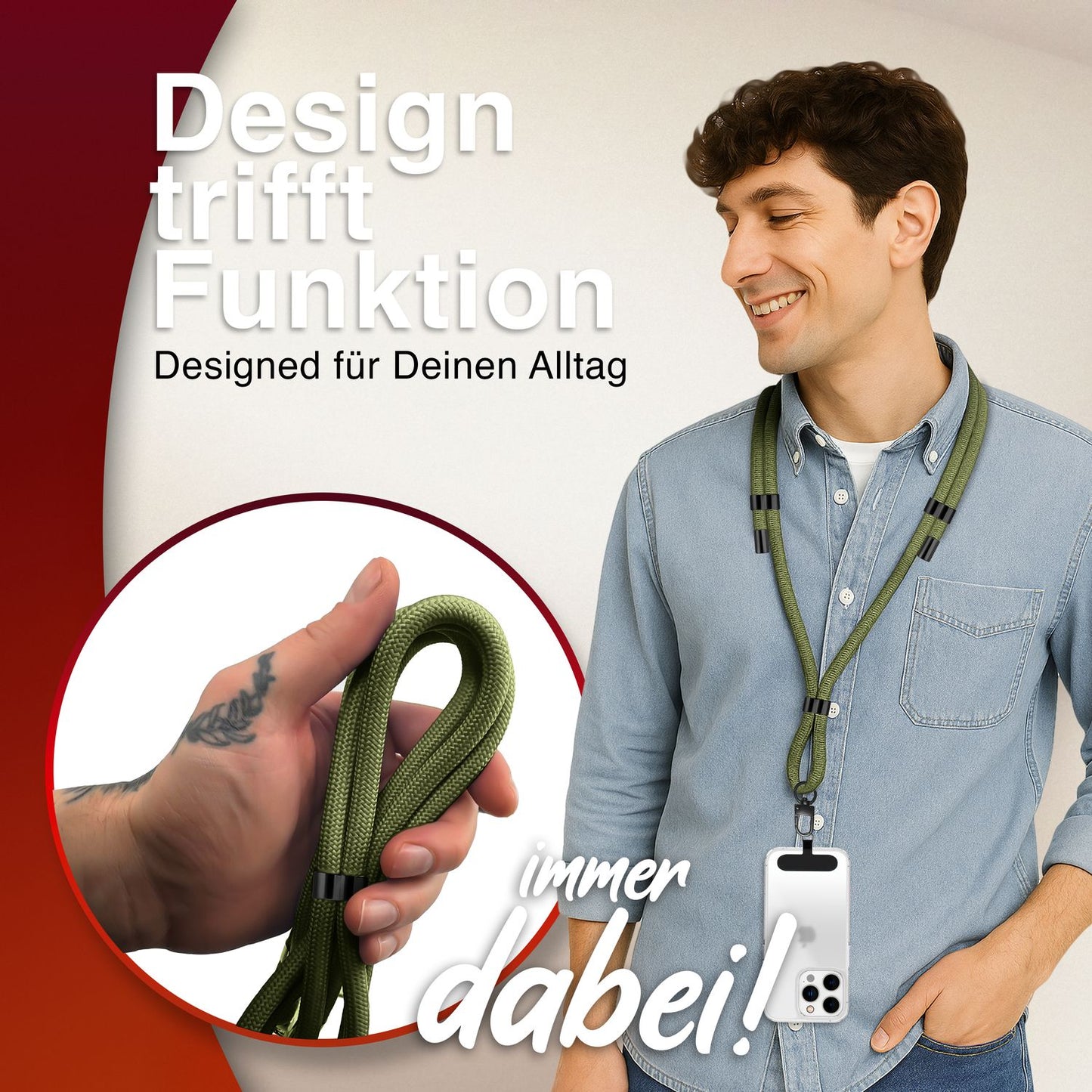 NALIA HoldMe alhliða símahálsmen fyrir snjallsíma og símahulstur, stillanleg og aftakanleg nylonreipi, axlaról, símaól, snúra með karabínuknúru og 2 merkimiðar