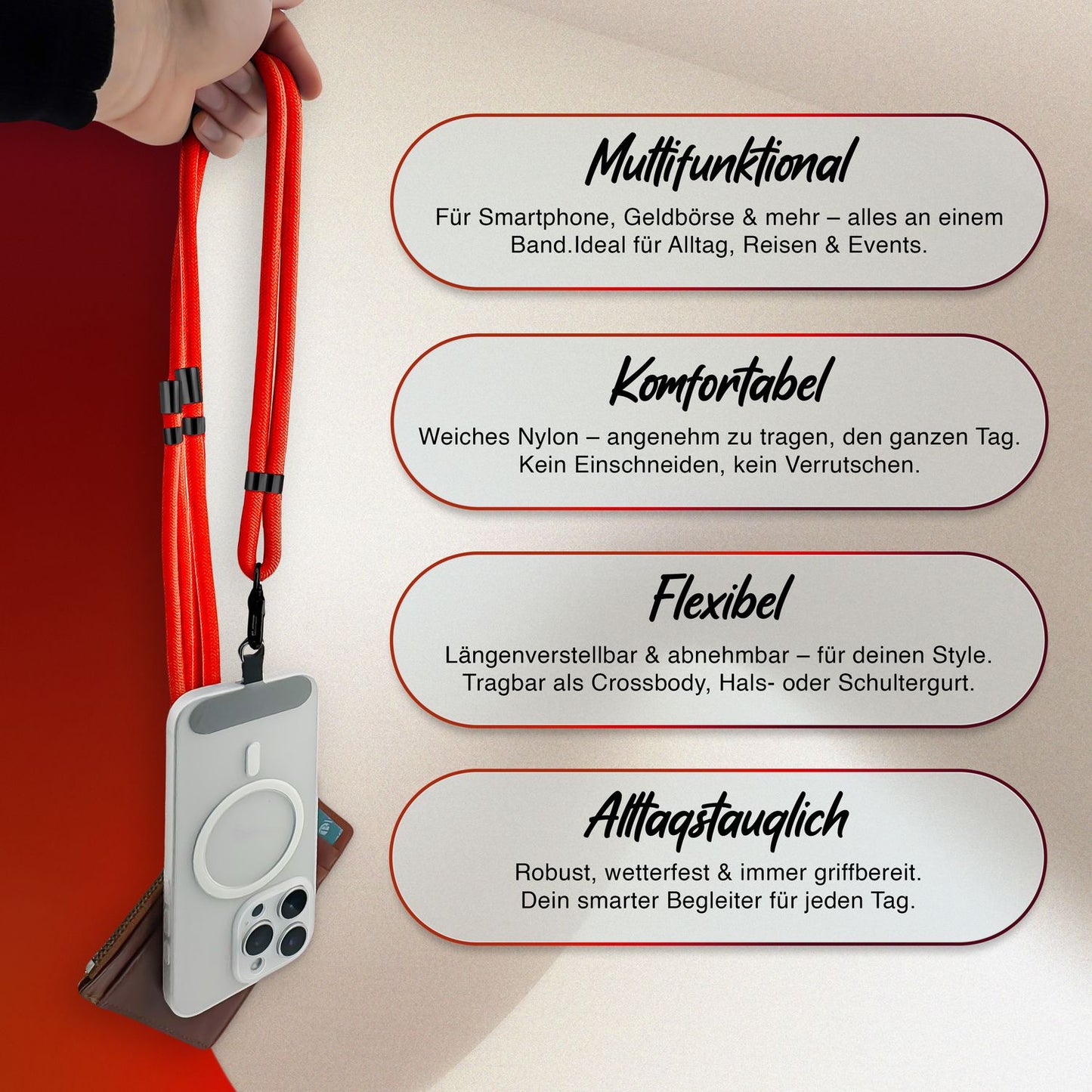 NALIA HoldMe alhliða símahálsmen fyrir snjallsíma og símahulstur, stillanleg og aftakanleg nylonreipi, axlaról, símaól, snúra með karabínuknúru og 2 merkimiðar