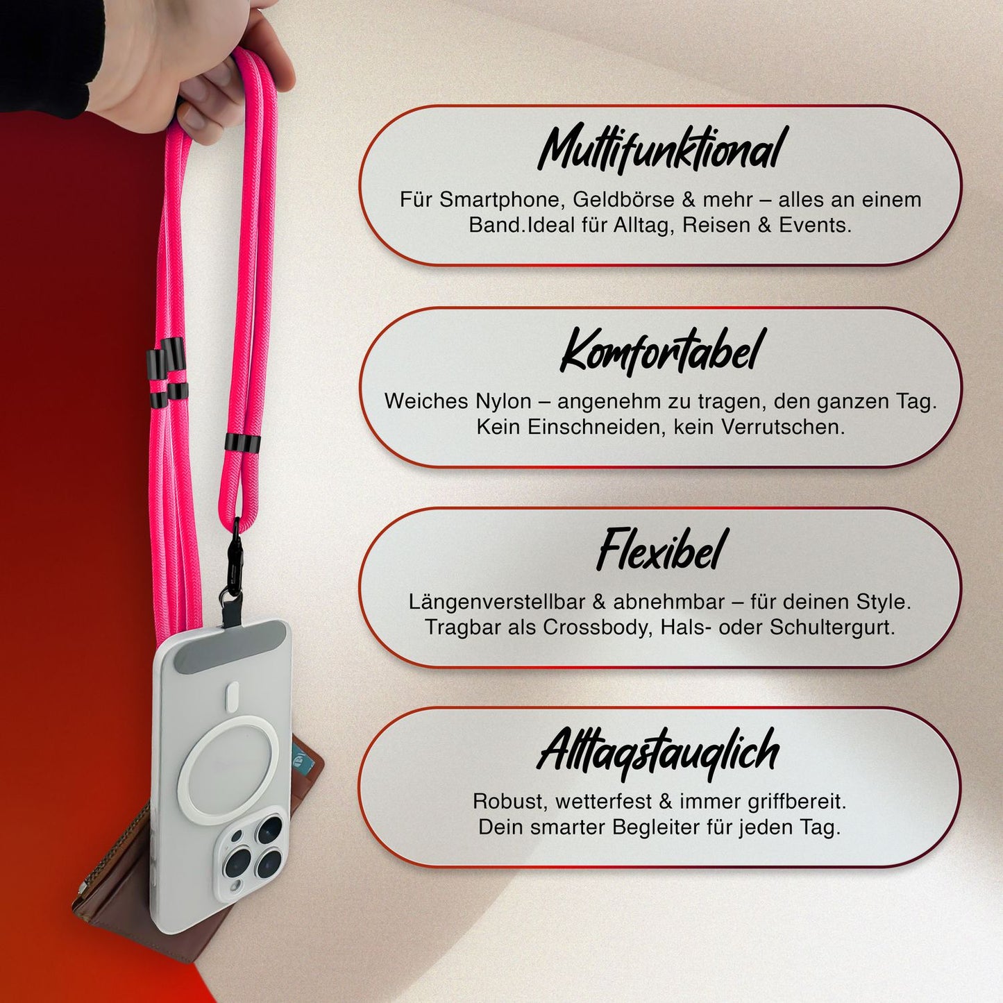 NALIA HoldMe alhliða símahálsmen fyrir snjallsíma og símahulstur, stillanleg og aftakanleg nylonreipi, axlaról, símaól, snúra með karabínuknúru og 2 merkimiðar
