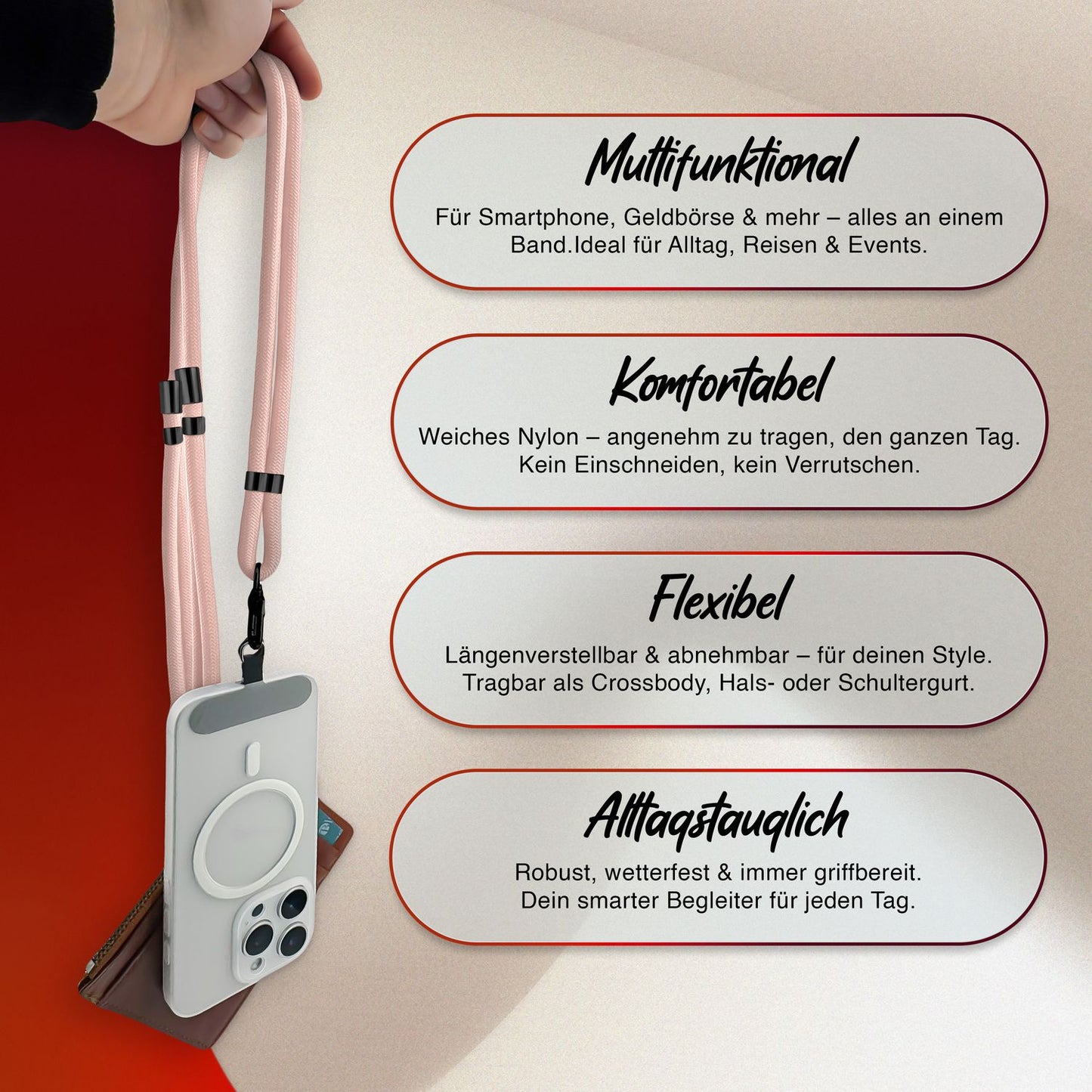 NALIA HoldMe alhliða símahálsmen fyrir snjallsíma og símahulstur, stillanleg og aftakanleg nylonreipi, axlaról, símaól, snúra með karabínuknúru og 2 merkimiðar