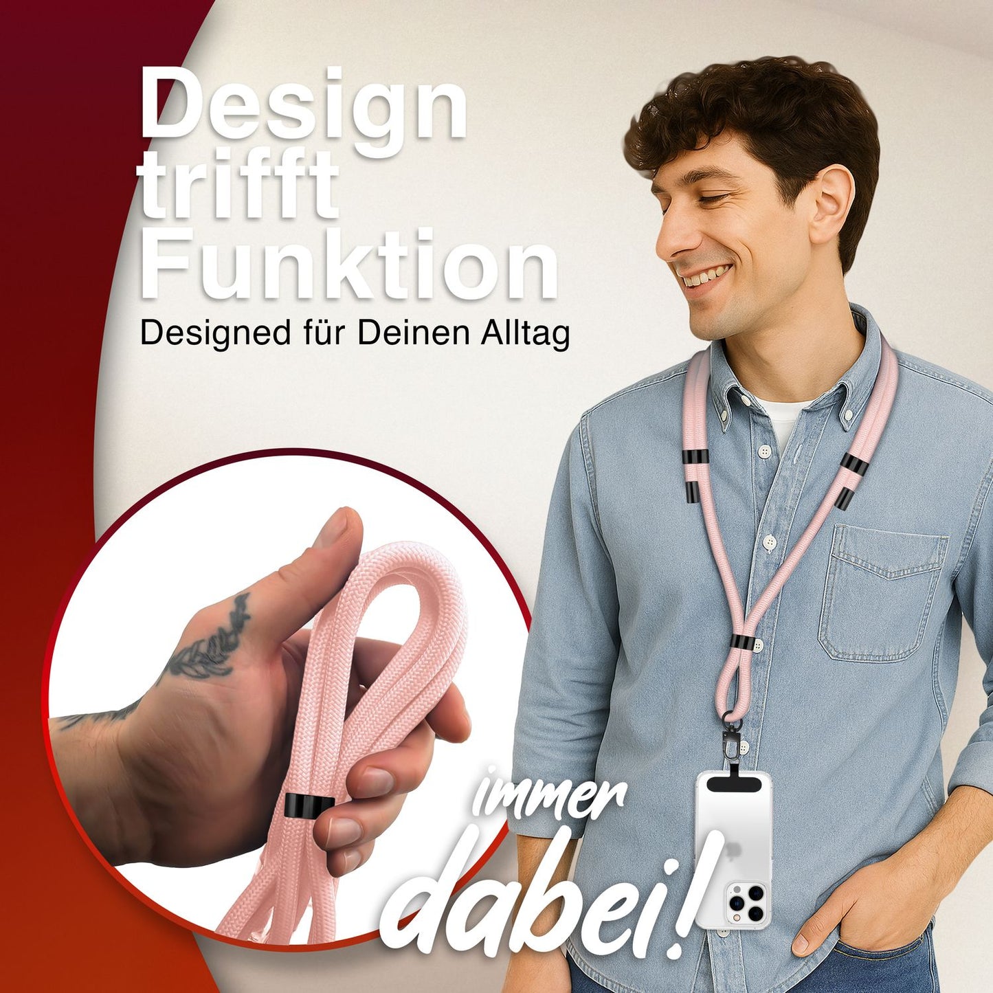 NALIA HoldMe alhliða símahálsmen fyrir snjallsíma og símahulstur, stillanleg og aftakanleg nylonreipi, axlaról, símaól, snúra með karabínuknúru og 2 merkimiðar