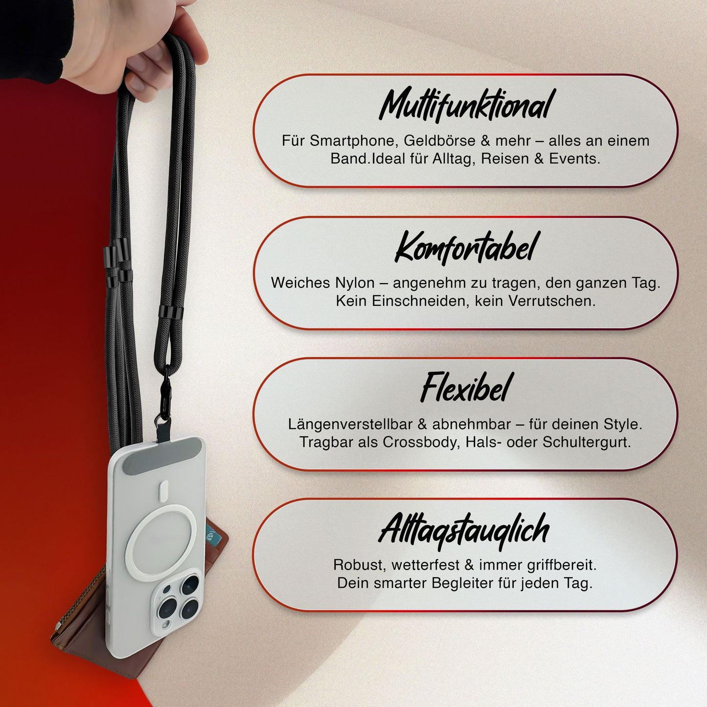 NALIA HoldMe alhliða símahálsmen fyrir snjallsíma og símahulstur, stillanleg og aftakanleg nylonreipi, axlaról, símaól, snúra með karabínuknúru og 2 merkimiðar