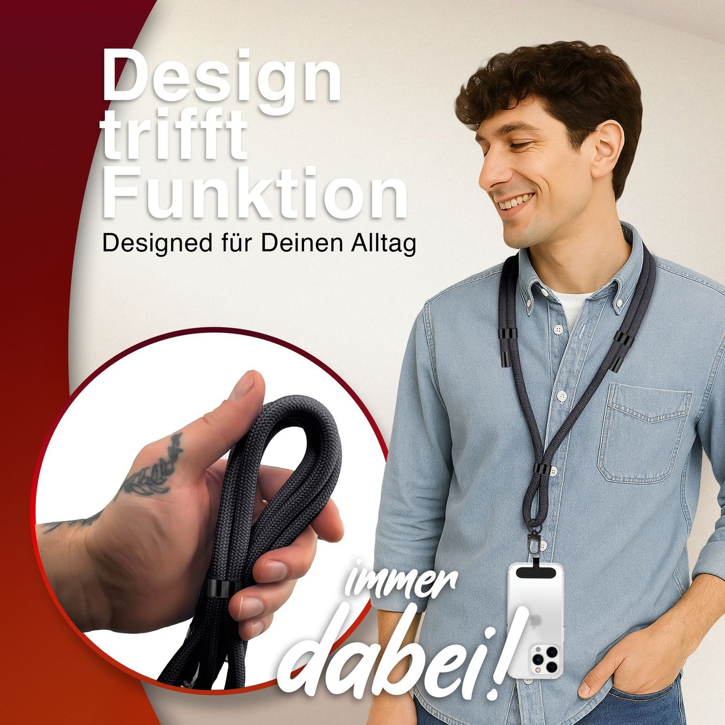 NALIA HoldMe alhliða símahálsmen fyrir snjallsíma og símahulstur, stillanleg og aftakanleg nylonreipi, axlaról, símaól, snúra með karabínuknúru og 2 merkimiðar