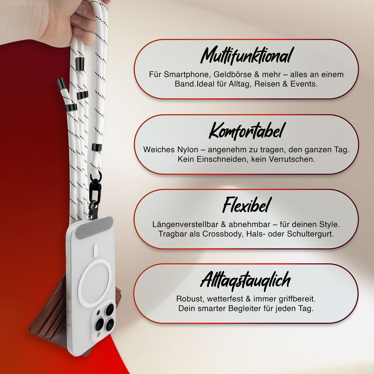 NALIA HoldMe alhliða símahálsmen fyrir snjallsíma og símahulstur, stillanleg og aftakanleg nylonreipi, axlaról, símaól, snúra með karabínuknúru og 2 merkimiðar