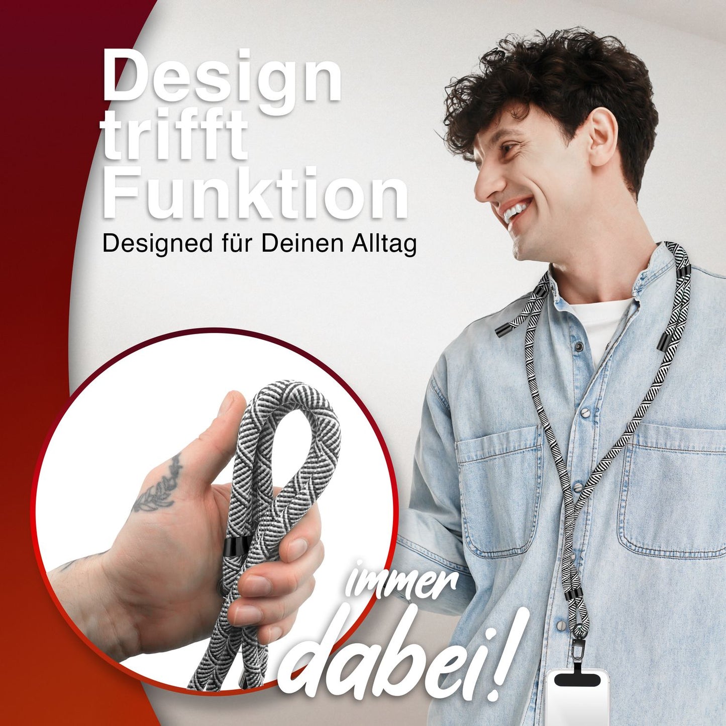 NALIA HoldMe alhliða símahálsmen fyrir snjallsíma og símahulstur, stillanleg og aftakanleg nylonreipi, axlaról, símaól, snúra með karabínuknúru og 2 merkimiðar