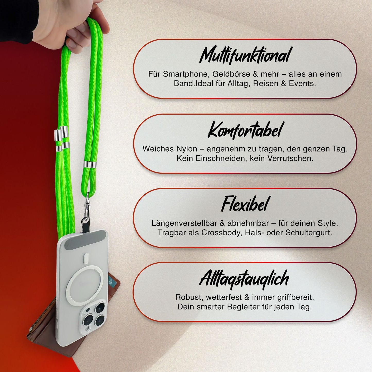 NALIA HoldMe alhliða símahálsmen fyrir snjallsíma og símahulstur, stillanleg og aftakanleg nylonreipi, axlaról, símaól, snúra með karabínuknúru og 2 merkimiðar