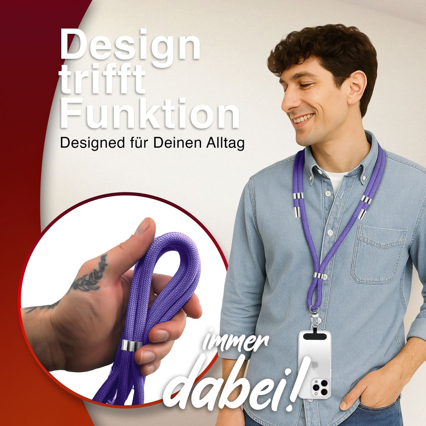 NALIA HoldMe alhliða símahálsmen fyrir snjallsíma og símahulstur, stillanleg og aftakanleg nylonreipi, axlaról, símaól, snúra með karabínuknúru og 2 merkimiðar